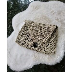 Vintage Rare Crochet Clutch Button Tan Purse 7.5x 10.5" Glam‎ Chic - Rare